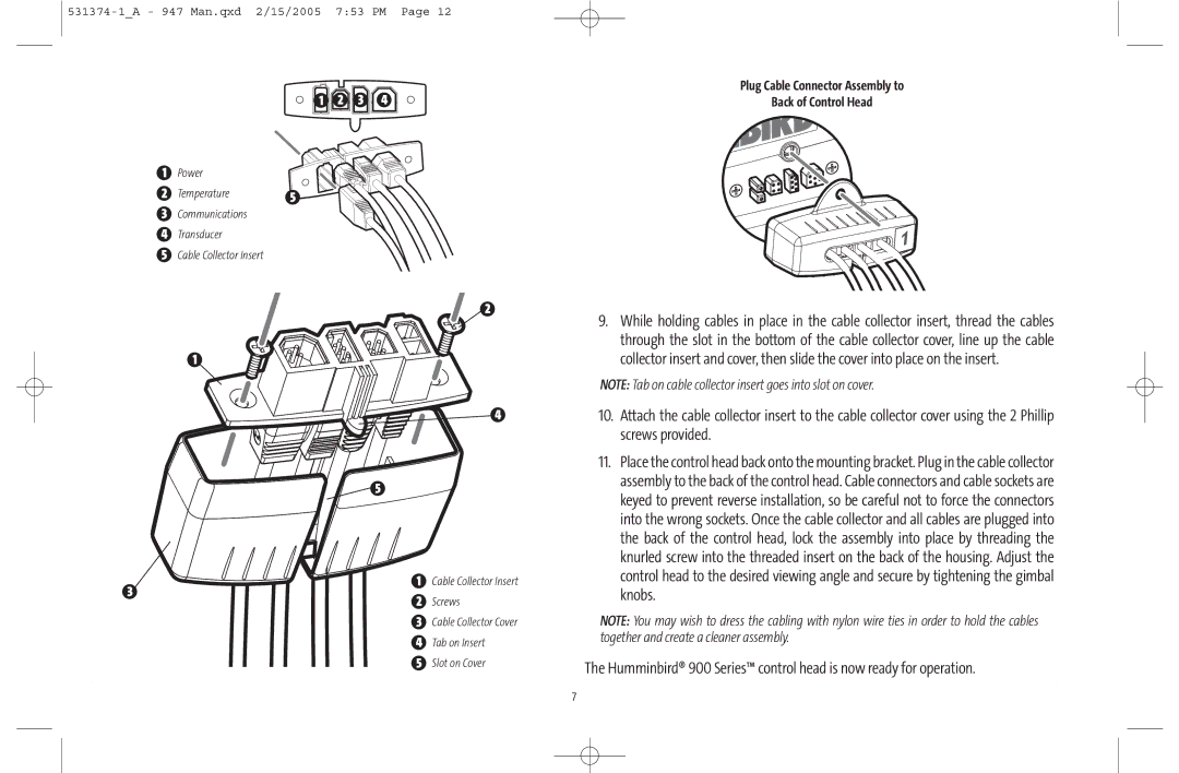 Humminbird 947C manual Screws provided, Plug Cable Connector Assembly to Back of Control Head 