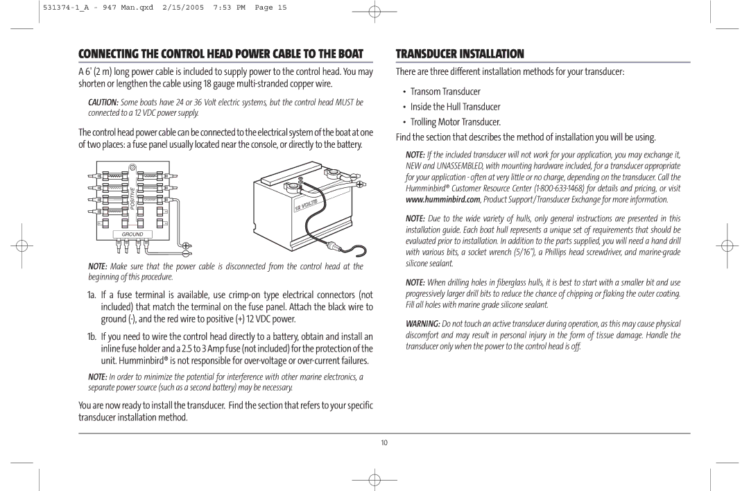 Humminbird 947C manual Transducer Installation, Connecting the Control Head Power Cable to the Boat 