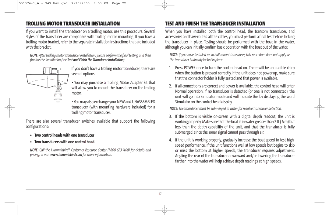 Humminbird 947C manual Test and Finish the Transducer Installation, Trolling Motor Transducer Installation 