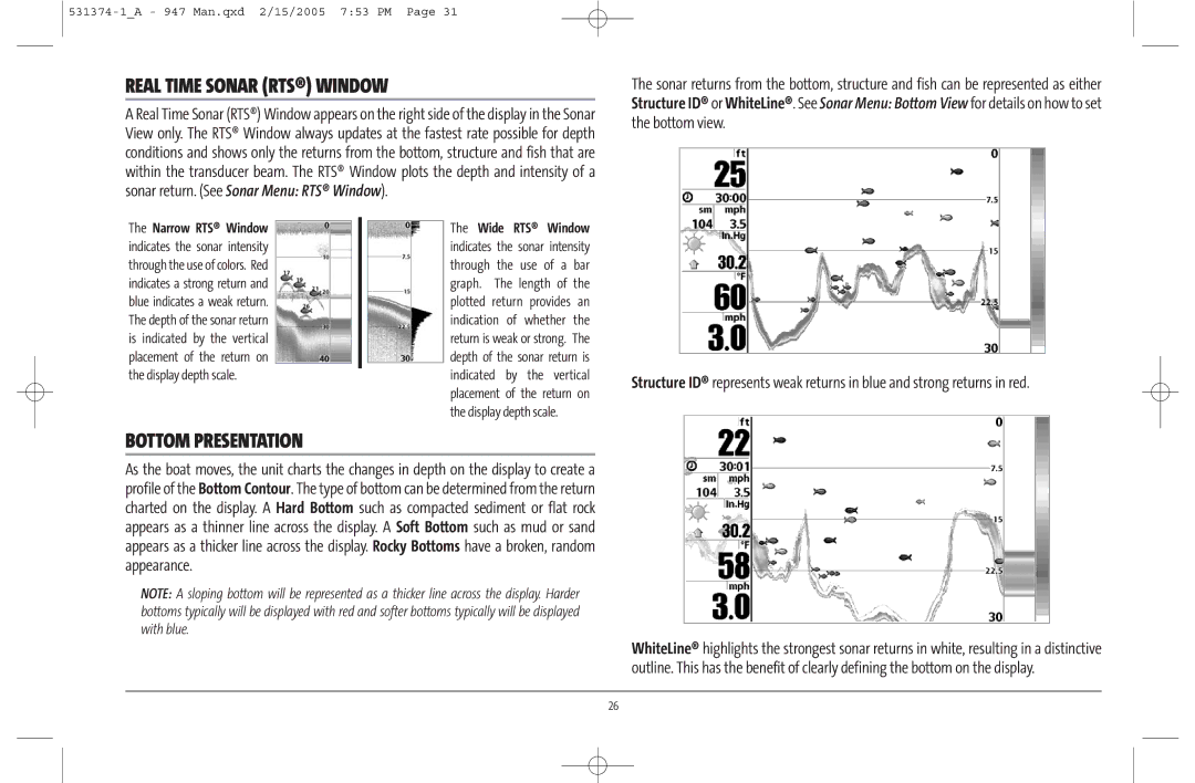 Humminbird 947C manual Real Time Sonar RTS Window, Bottom Presentation 