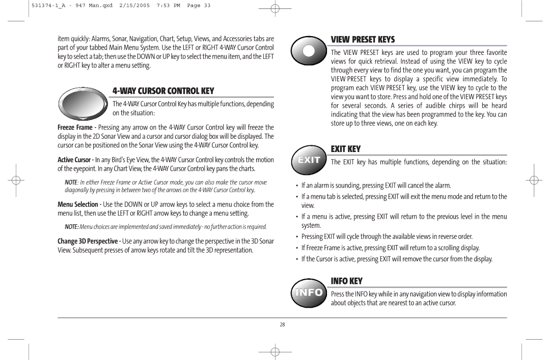 Humminbird 947C manual WAY Cursor Control KEY, View Preset Keys, Exit KEY, Info KEY 