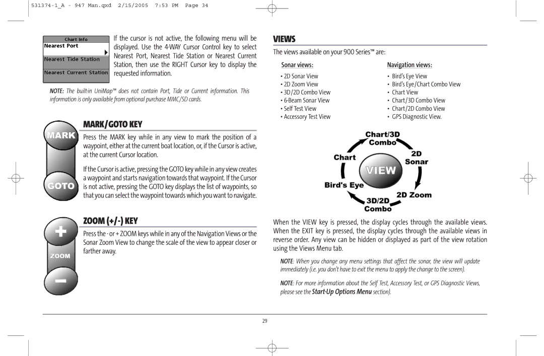 Humminbird 947C manual Mark/Goto Key, Views available on your 900 Series are 