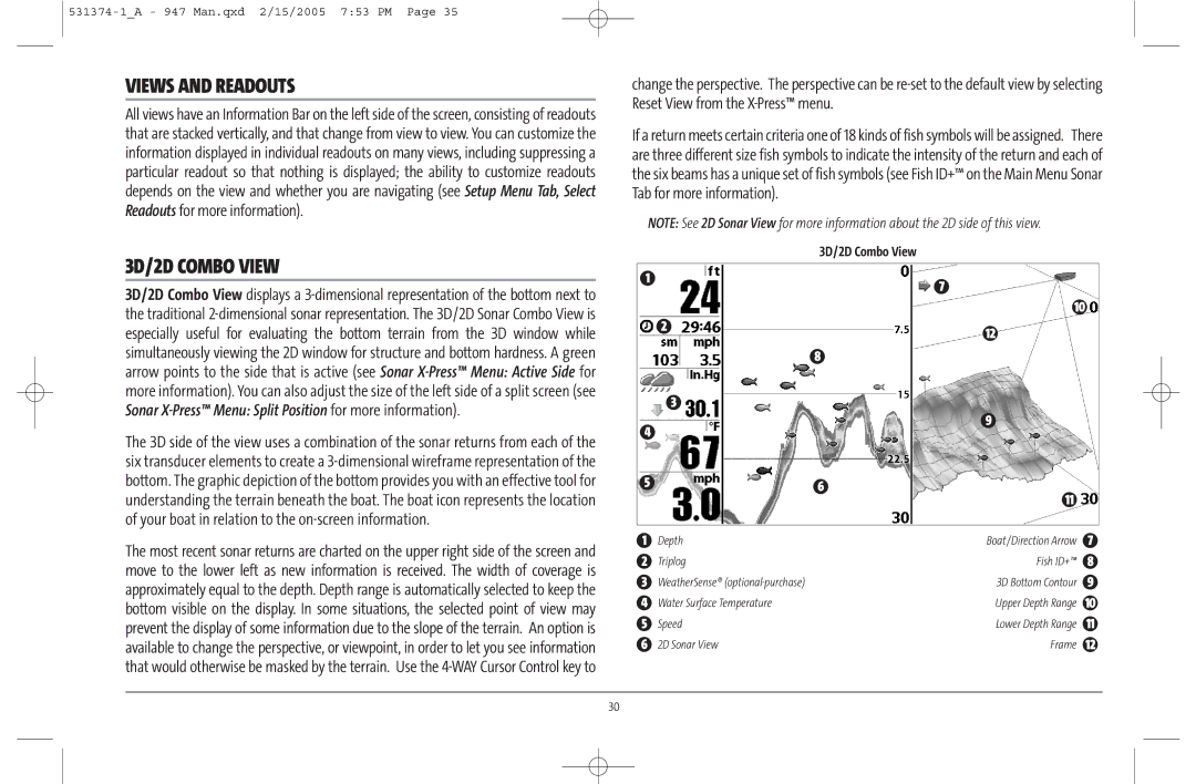 Humminbird 947C manual Views and Readouts, 3D/2D Combo View 