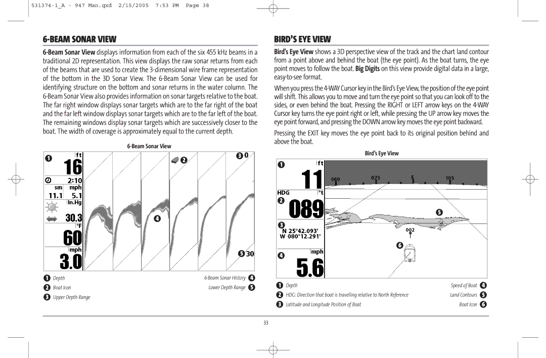 Humminbird 947C manual Beam Sonar View, BIRD’S EYE View, Bird’s Eye View 