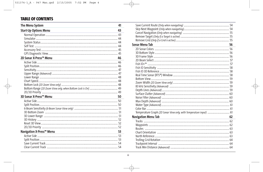 Humminbird 947C Menu System Start-Up Options Menu, 2D Sonar X-Press Menu, 3D Sonar X-Press Menu, Navigation X-Press Menu 