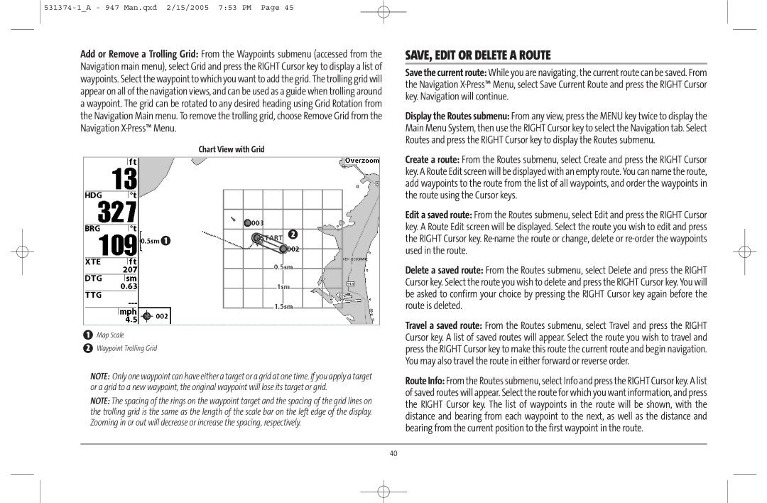 Humminbird 947C manual SAVE, Edit or Delete a Route, Chart View with Grid 