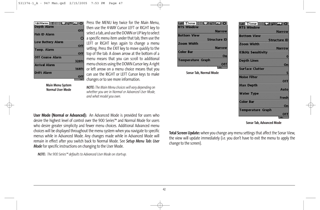 Humminbird 947C manual Sonar Tab, Normal Mode, Sonar Tab, Advanced Mode 