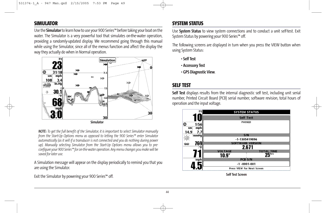 Humminbird 947C manual Simulator, System Status, Self Test Accessory Test GPS Diagnostic View 