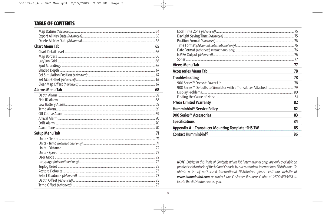 Humminbird 947C manual Chart Menu Tab, Alarms Menu Tab, Setup Menu Tab, Views Menu Tab Accessories Menu Tab Troubleshooting 