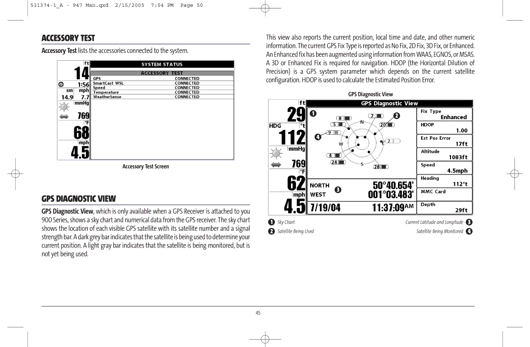 Humminbird 947C manual GPS Diagnostic View, Accessory Test Screen 