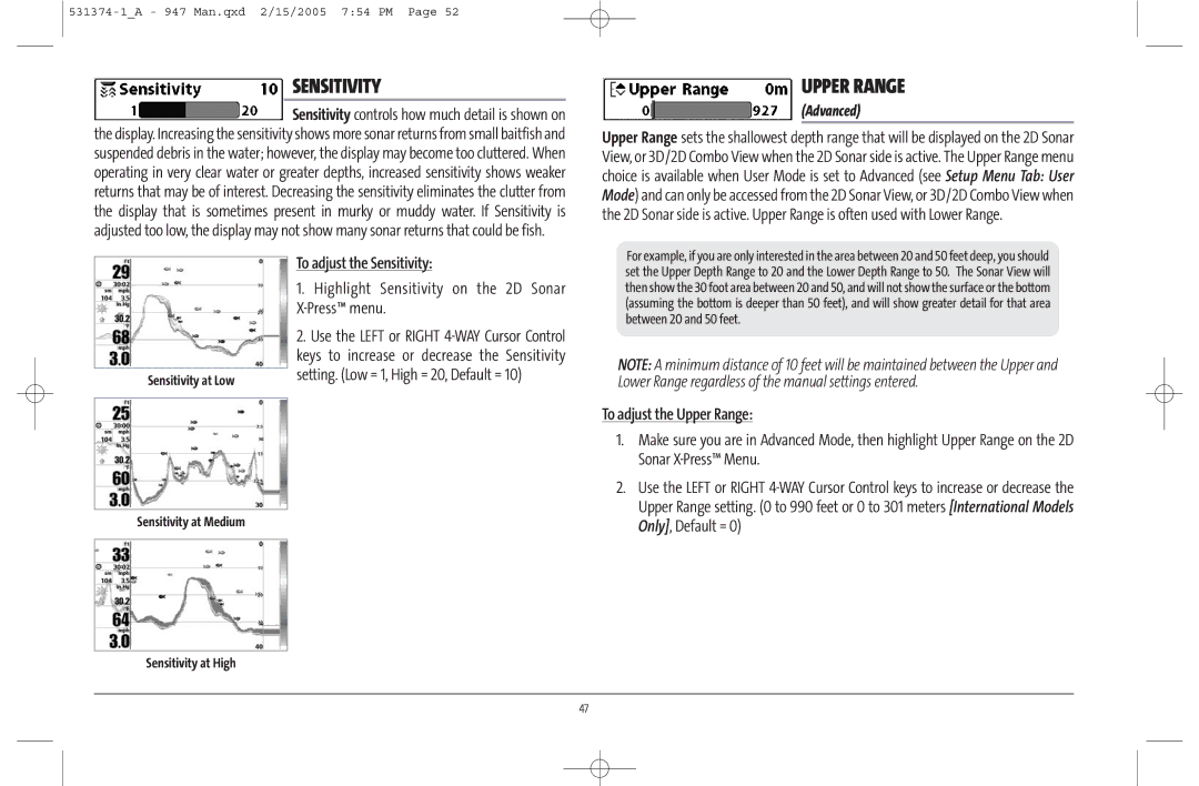 Humminbird 947C manual Upper Range, To adjust the Sensitivity, Highlight Sensitivity on the 2D Sonar X-Press menu 