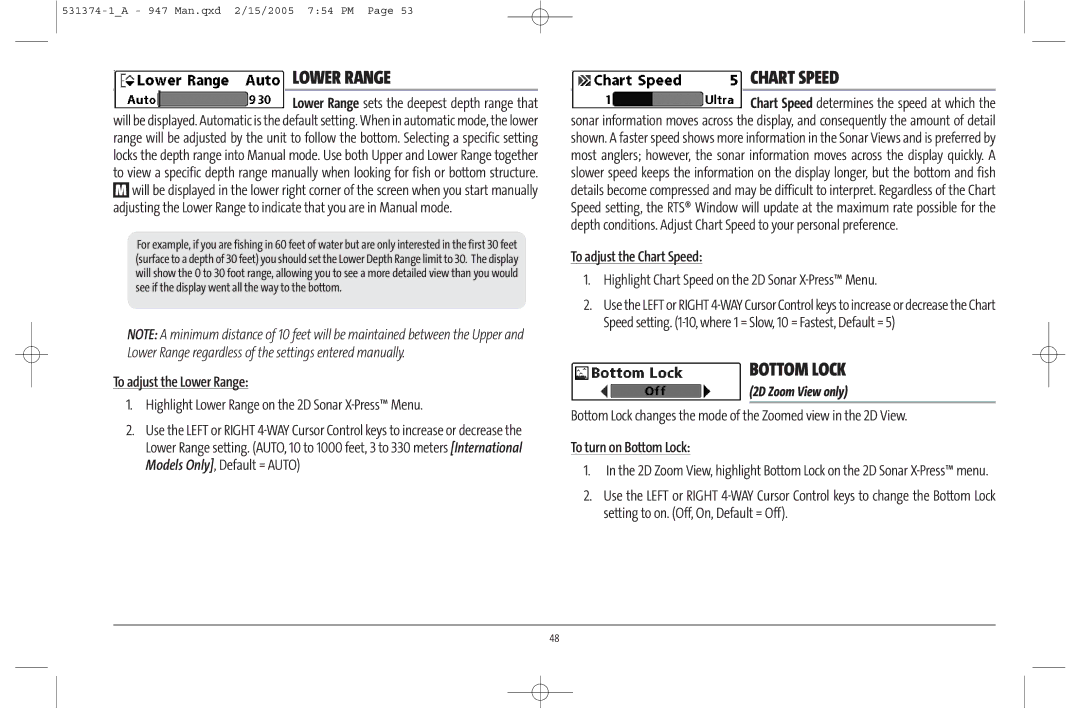 Humminbird 947C manual Lower Range, Chart Speed, Bottom Lock 
