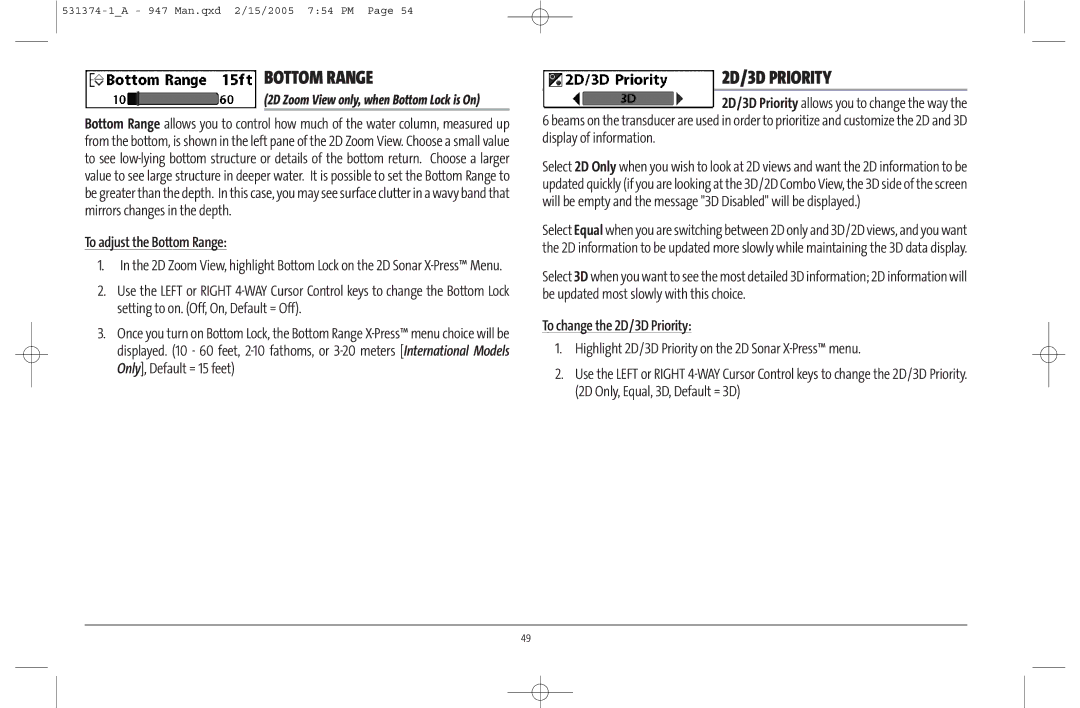 Humminbird 947C manual To adjust the Bottom Range, To change the 2D/3D Priority 