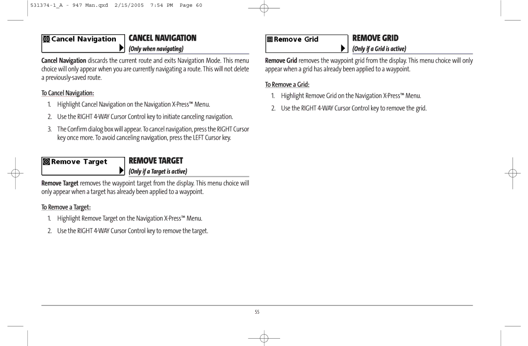 Humminbird 947C manual Cancel Navigation, Remove Target, Remove Grid 