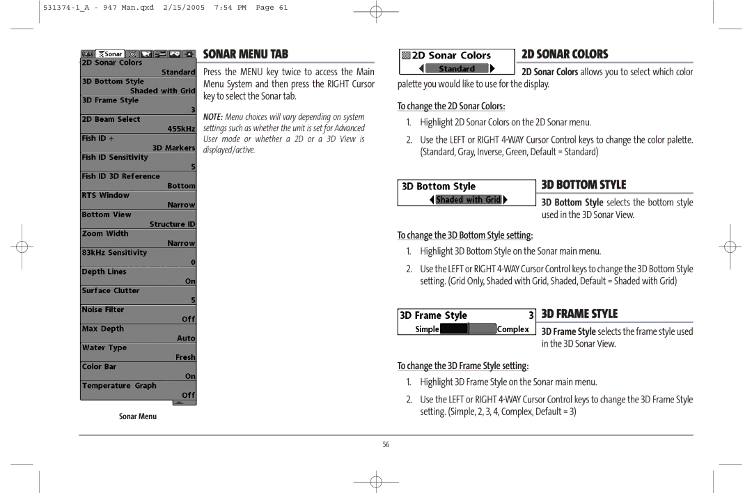 Humminbird 947C manual Sonar Menu TAB, 2D Sonar Colors, 3D Bottom Style, 3D Frame Style 