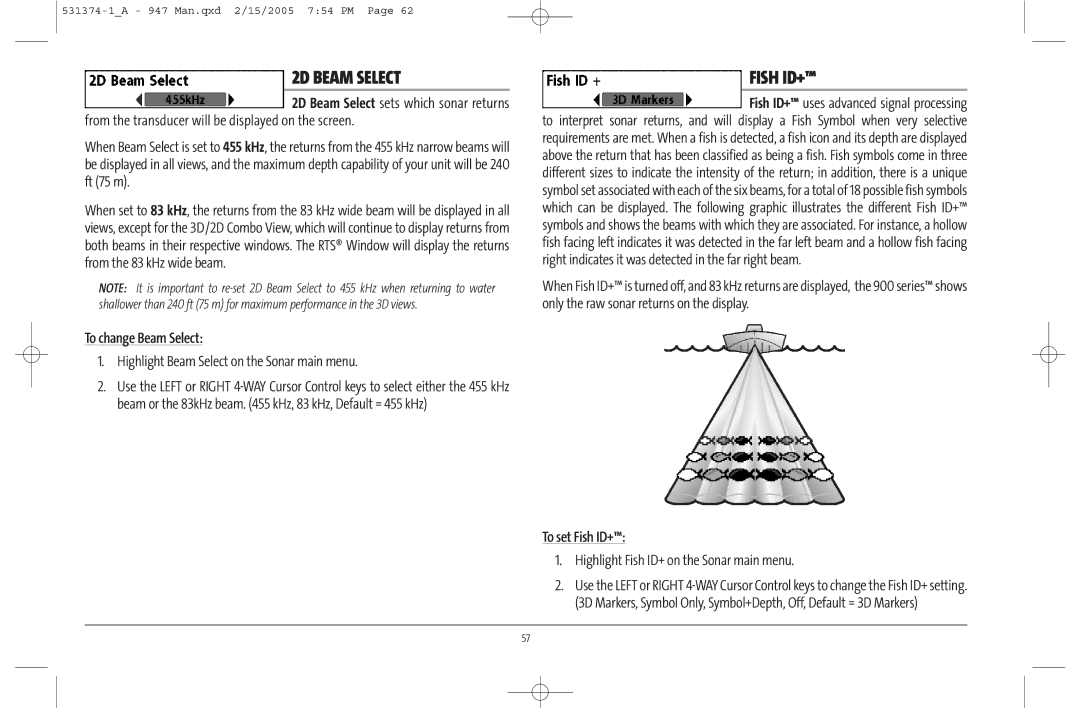 Humminbird 947C manual 2D Beam Select, To change Beam Select, To set Fish ID+ 