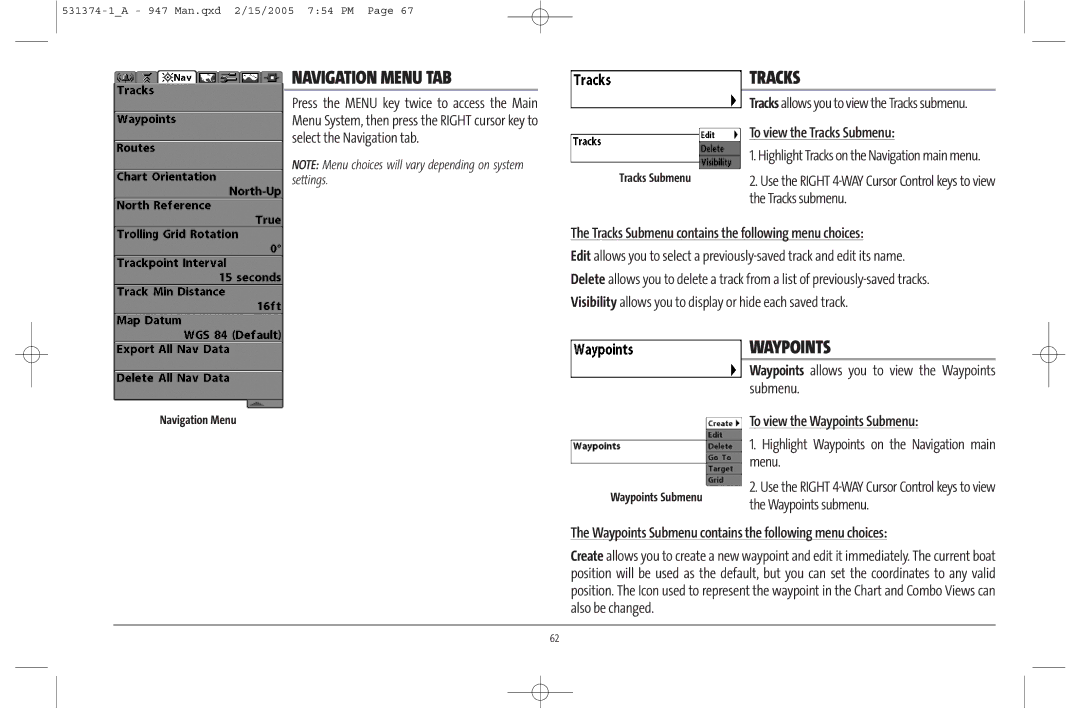 Humminbird 947C manual Navigation Menu TAB, Tracks, Waypoints 