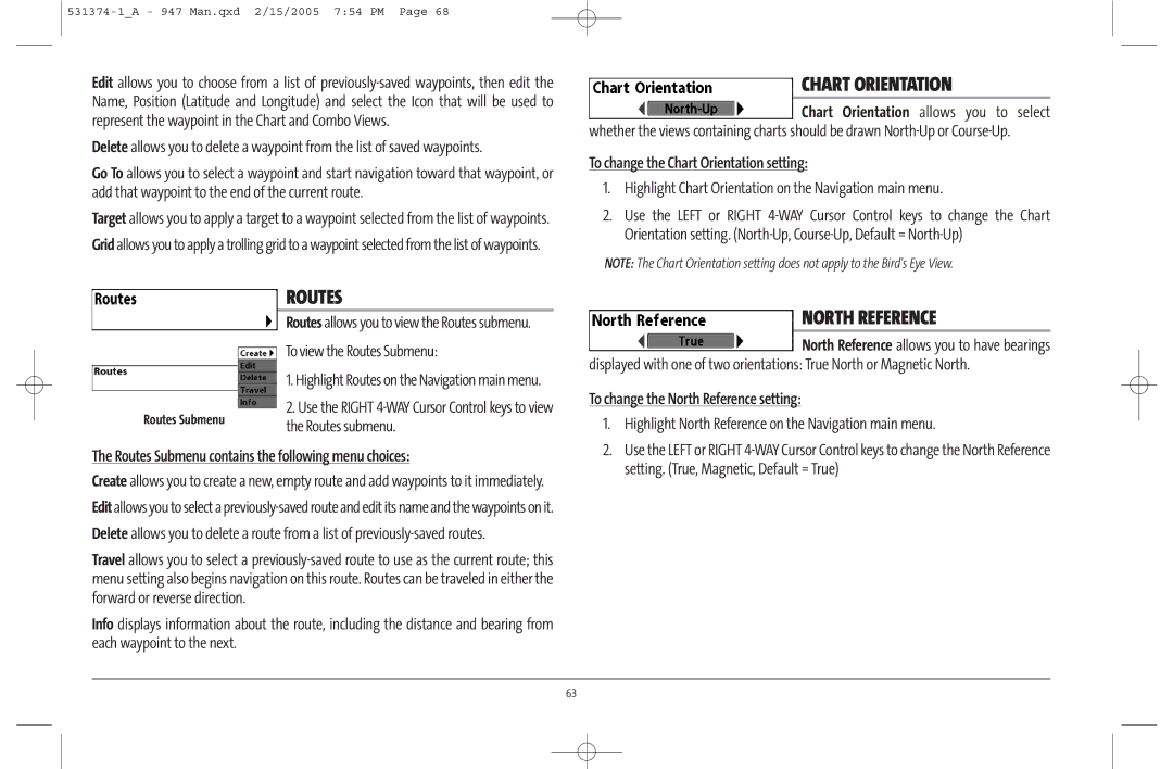 Humminbird 947C manual North Reference, Routes Submenu contains the following menu choices 