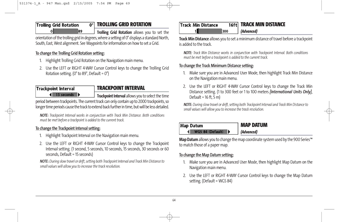 Humminbird 947C manual Trolling Grid Rotation, Trackpoint Interval, Track MIN Distance, MAP Datum 