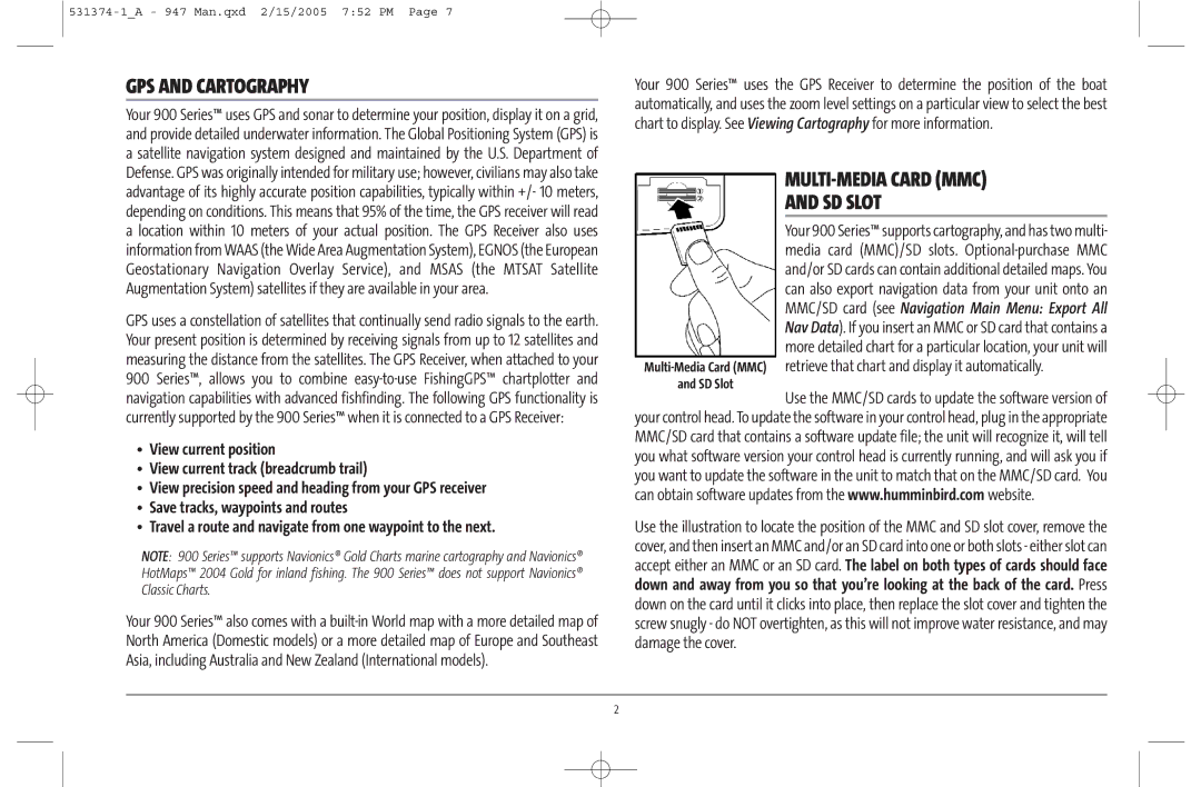 Humminbird 947C manual GPS and Cartography, MULTI-MEDIA Card MMC SD Slot 