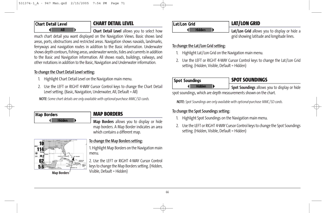 Humminbird 947C manual Chart Detail Level, MAP Borders, LAT/LON Grid, Spot Soundings 