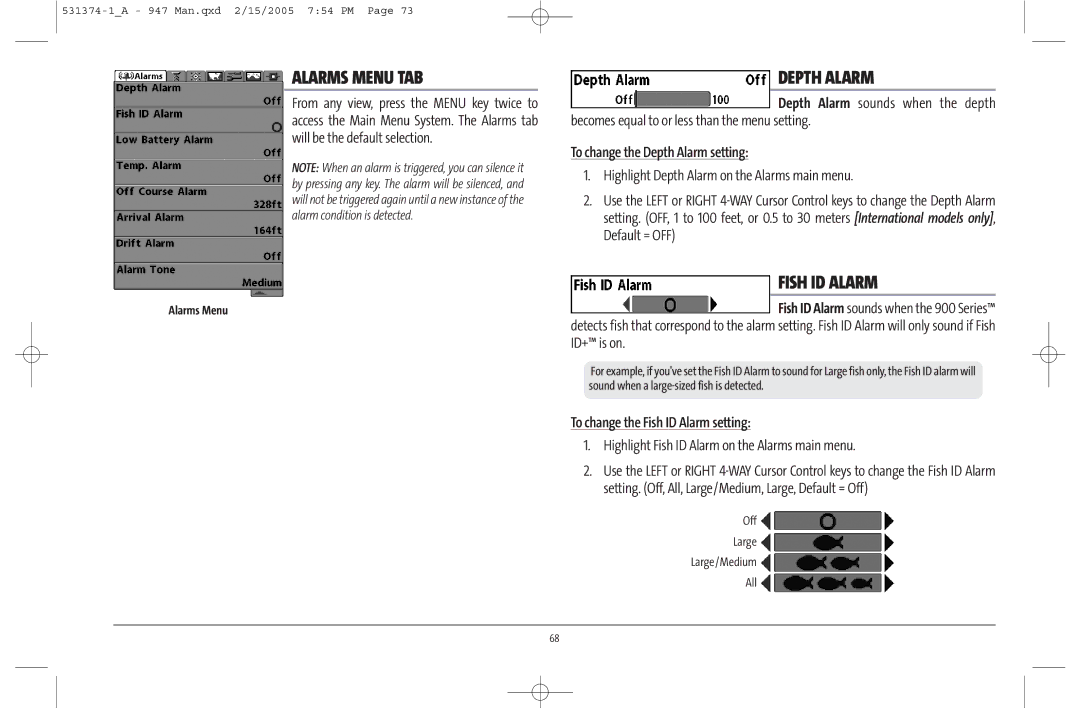 Humminbird 947C manual Alarms Menu TAB, To change the Depth Alarm setting, To change the Fish ID Alarm setting 