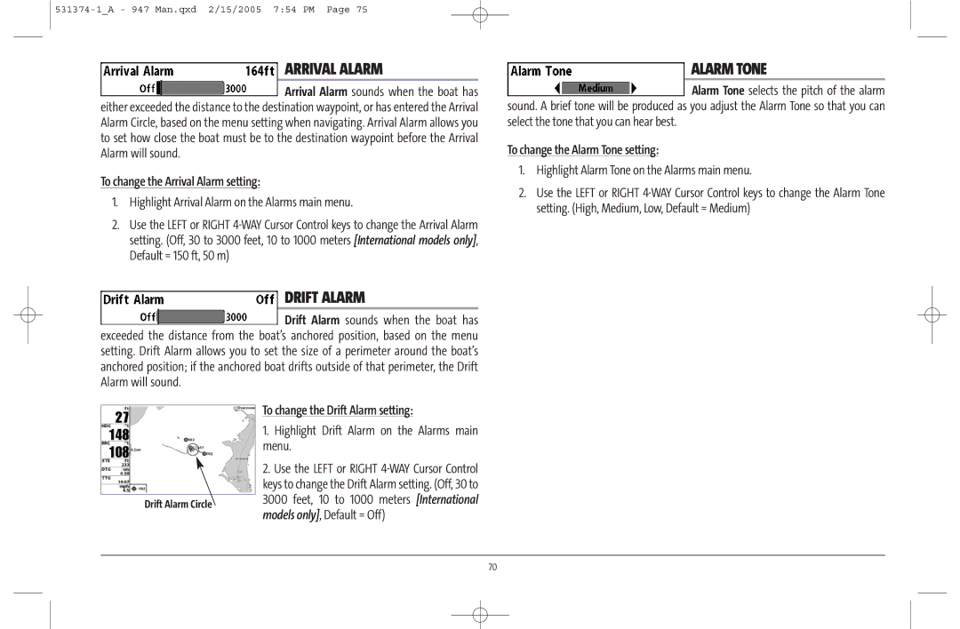 Humminbird 947C manual Arrival Alarm, Drift Alarm, Alarm Tone 