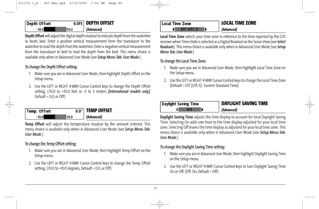 Humminbird 947C manual Depth Offset, Temp Offset, Local Time Zone, Daylight Saving Time 