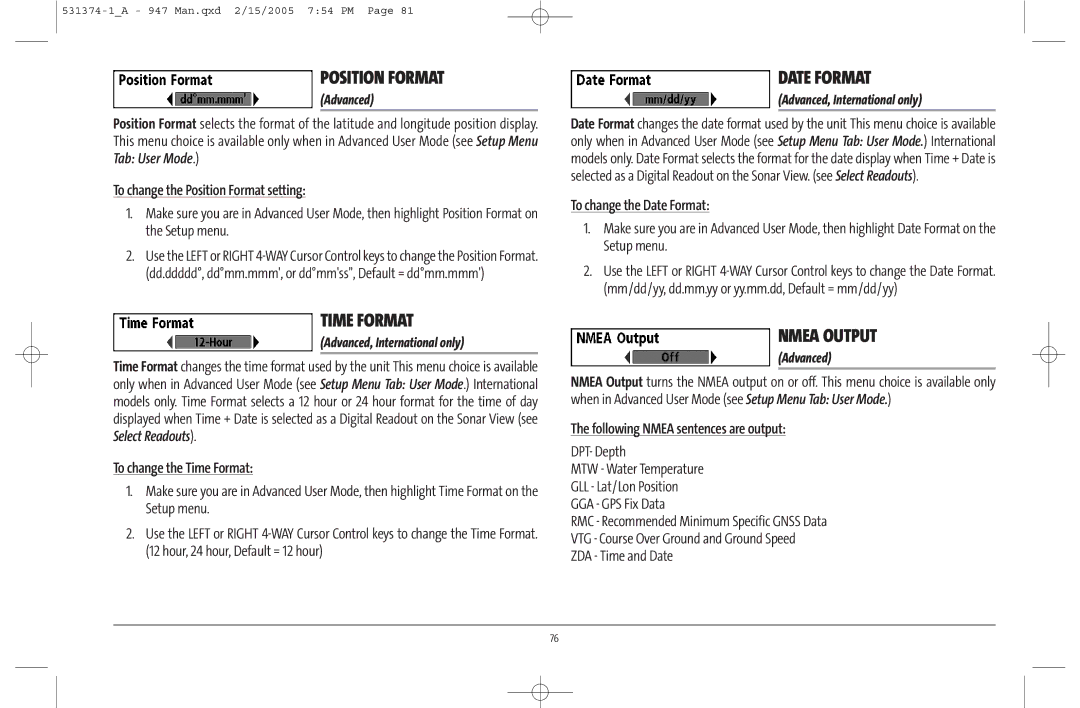 Humminbird 947C manual Position Format, Time Format, Date Format, Nmea Output 