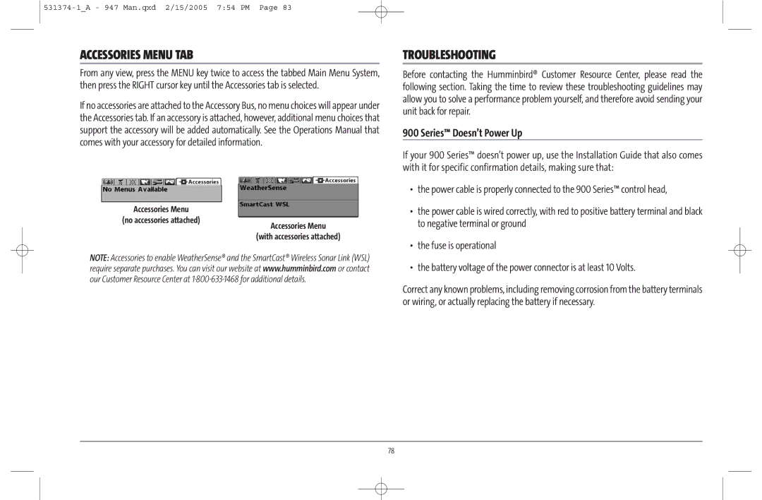 Humminbird 947C manual Accessories Menu TAB, Troubleshooting, Series Doesn’t Power Up 