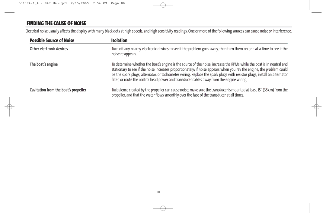 Humminbird 947C manual Finding the Cause of Noise, Other electronic devices, Noise re-appears, Boat’s engine 