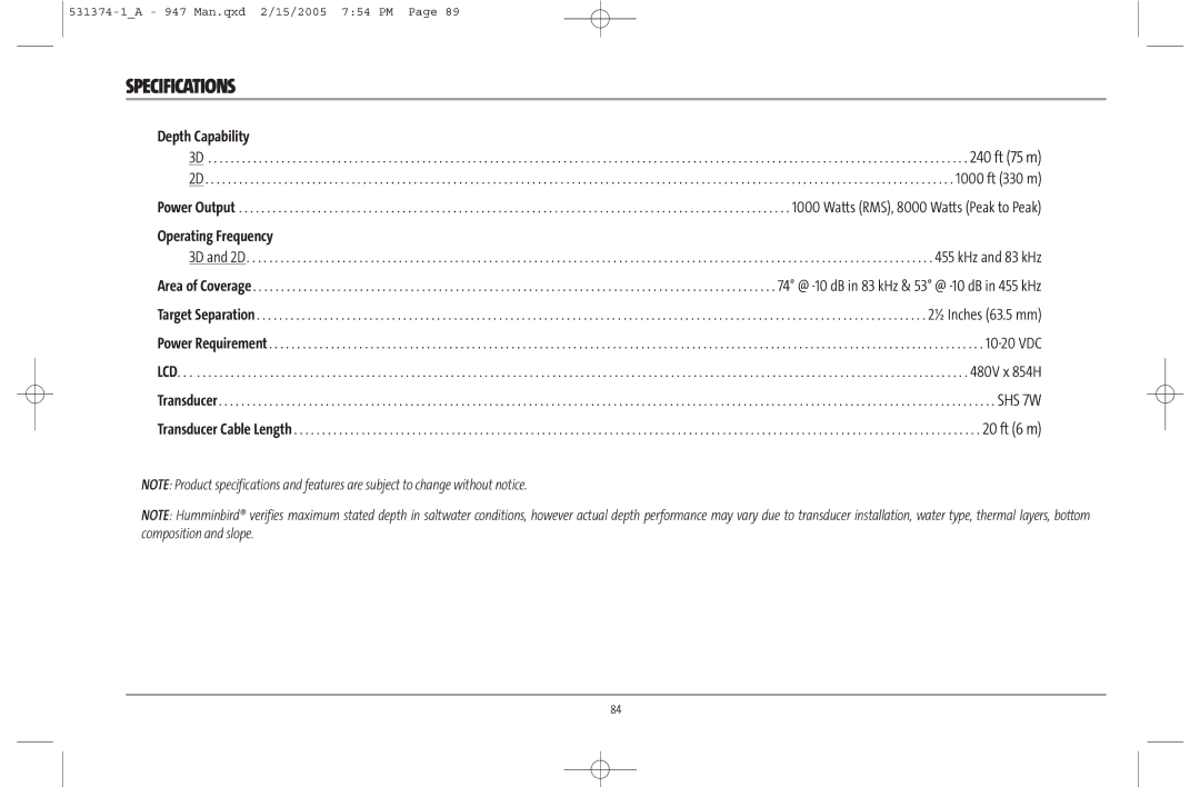 Humminbird 947C manual Specifications, Operating Frequency 