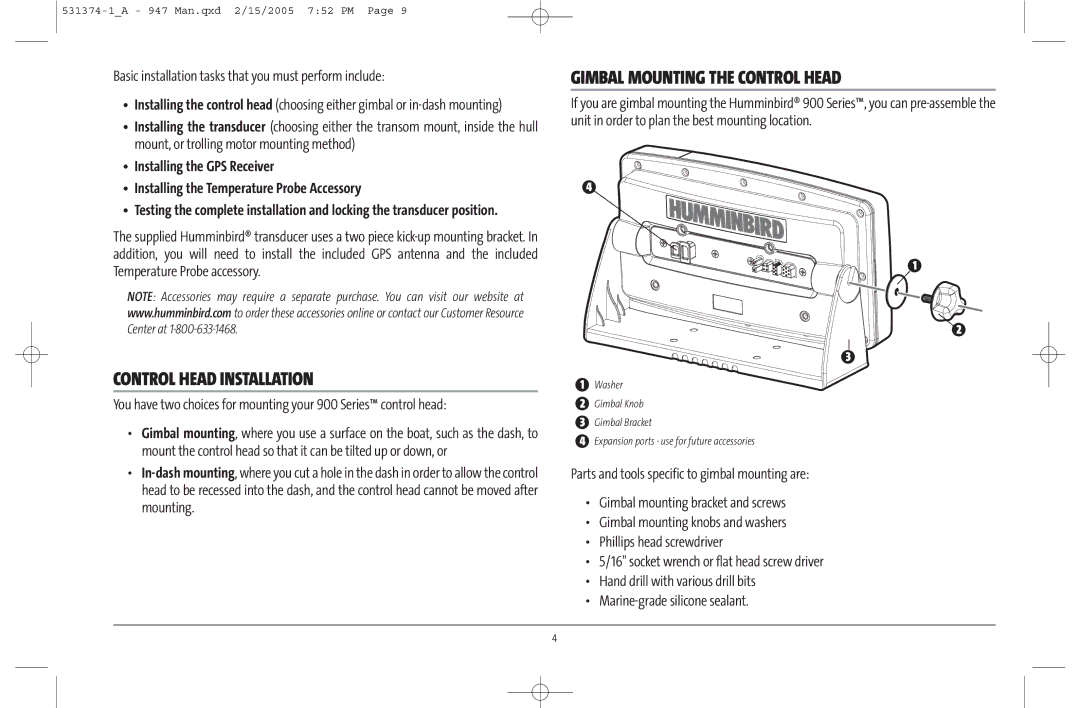 Humminbird 947C manual Control Head Installation, Gimbal Mounting the Control Head 