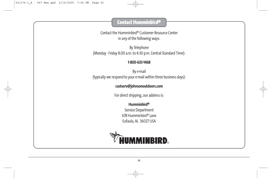 Humminbird 947C manual Contact Humminbird 