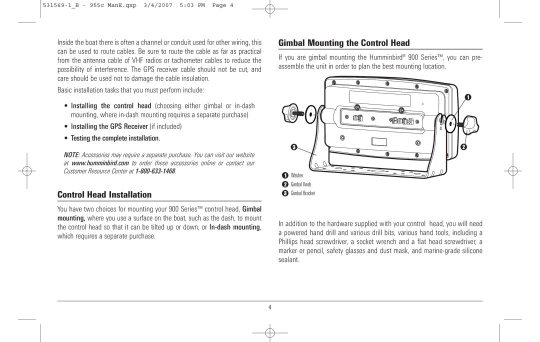 Humminbird 955C manual Control Head Installation, Gimbal Mounting the Control Head 