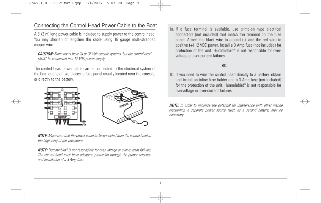 Humminbird 955C manual Connecting the Control Head Power Cable to the Boat 