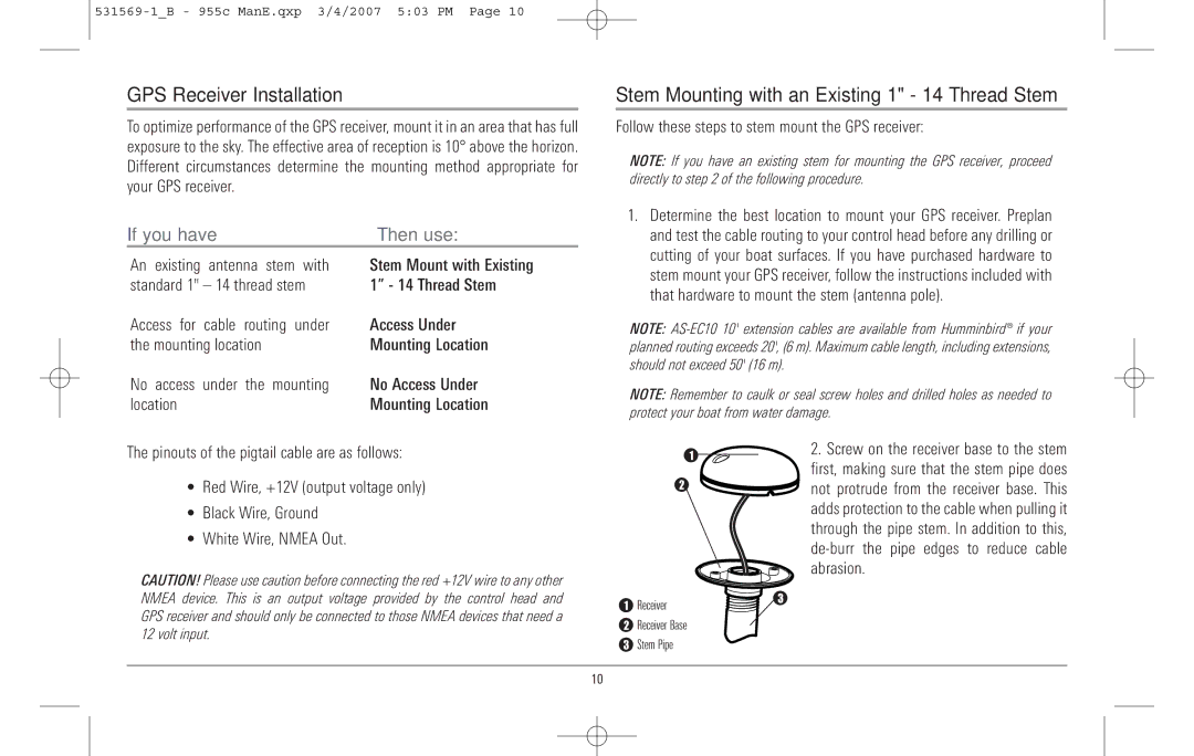 Humminbird 955C manual GPS Receiver Installation, Stem Mounting with an Existing 1 14 Thread Stem 