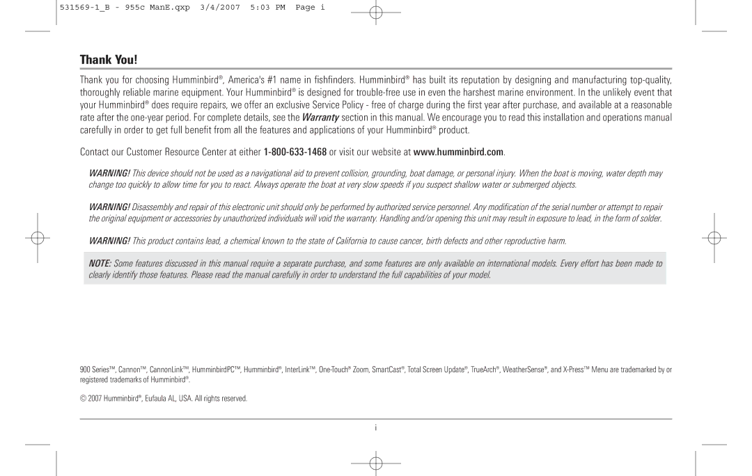 Humminbird 955C manual Thank You 