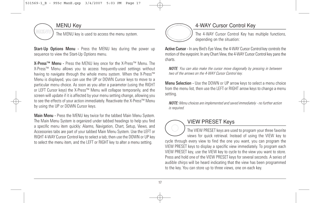 Humminbird 955C manual Menu Key, WAY Cursor Control Key, View Preset Keys 