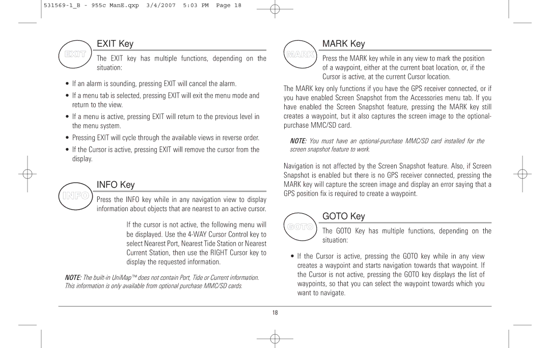 Humminbird 955C manual Exit Key, Info Key, Mark Key, Goto Key has multiple functions, depending on the situation 