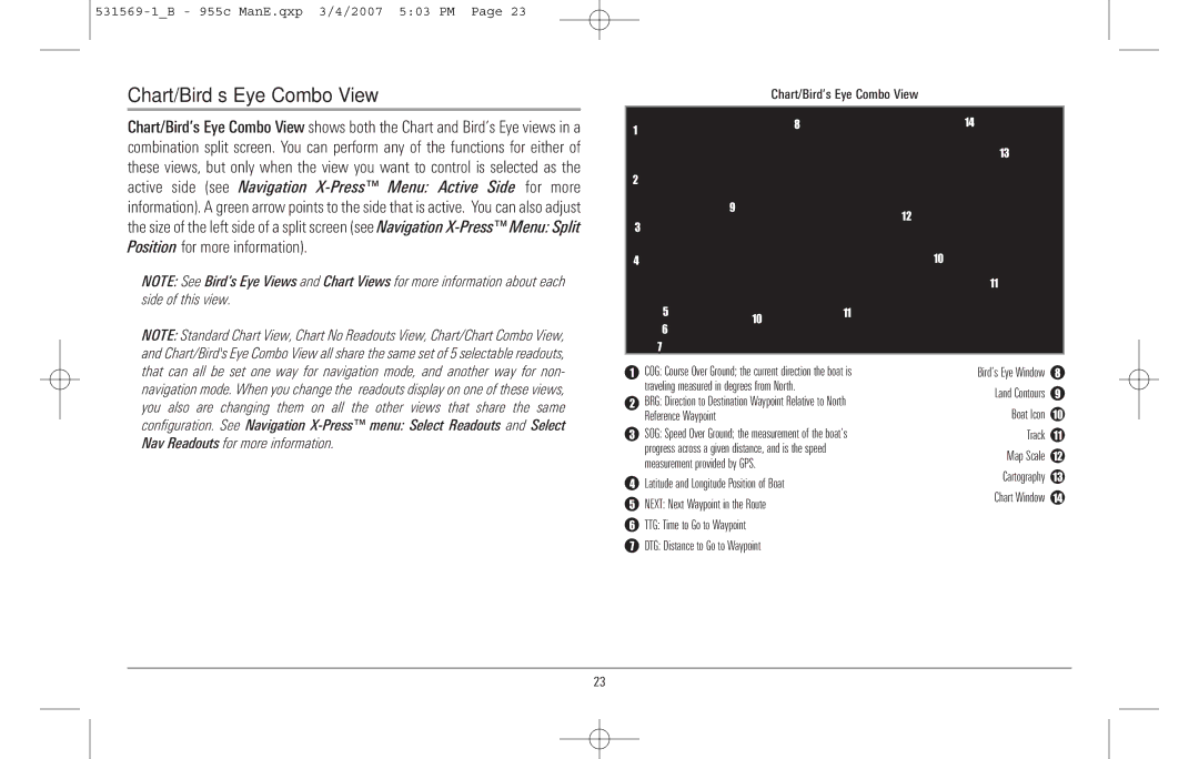 Humminbird 955C manual Chart/Bird’s Eye Combo View, Traveling measured in degrees from North 