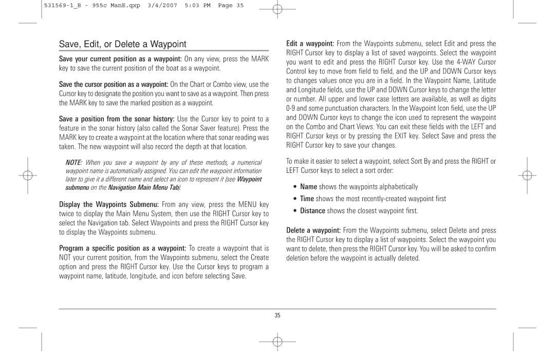 Humminbird 955C manual Save, Edit, or Delete a Waypoint 