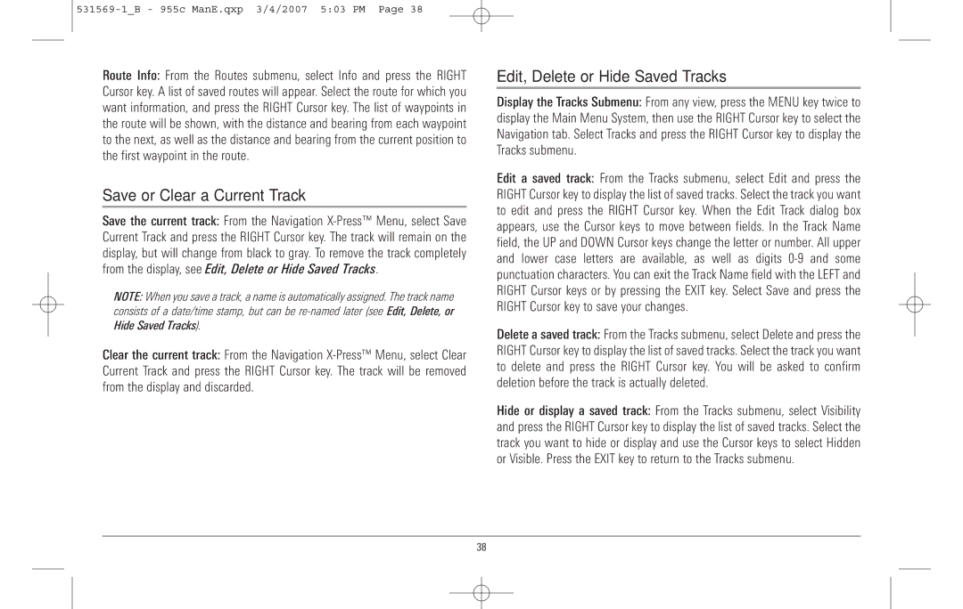 Humminbird 955C manual Save or Clear a Current Track, Edit, Delete or Hide Saved Tracks 