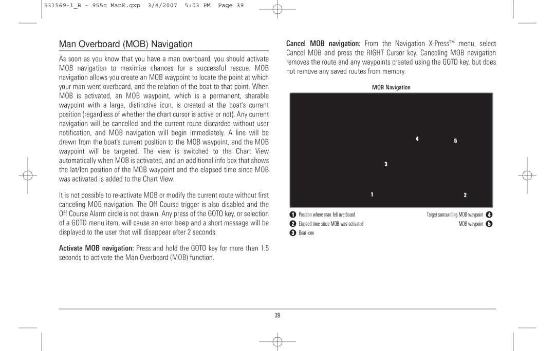 Humminbird 955C manual Man Overboard MOB Navigation 