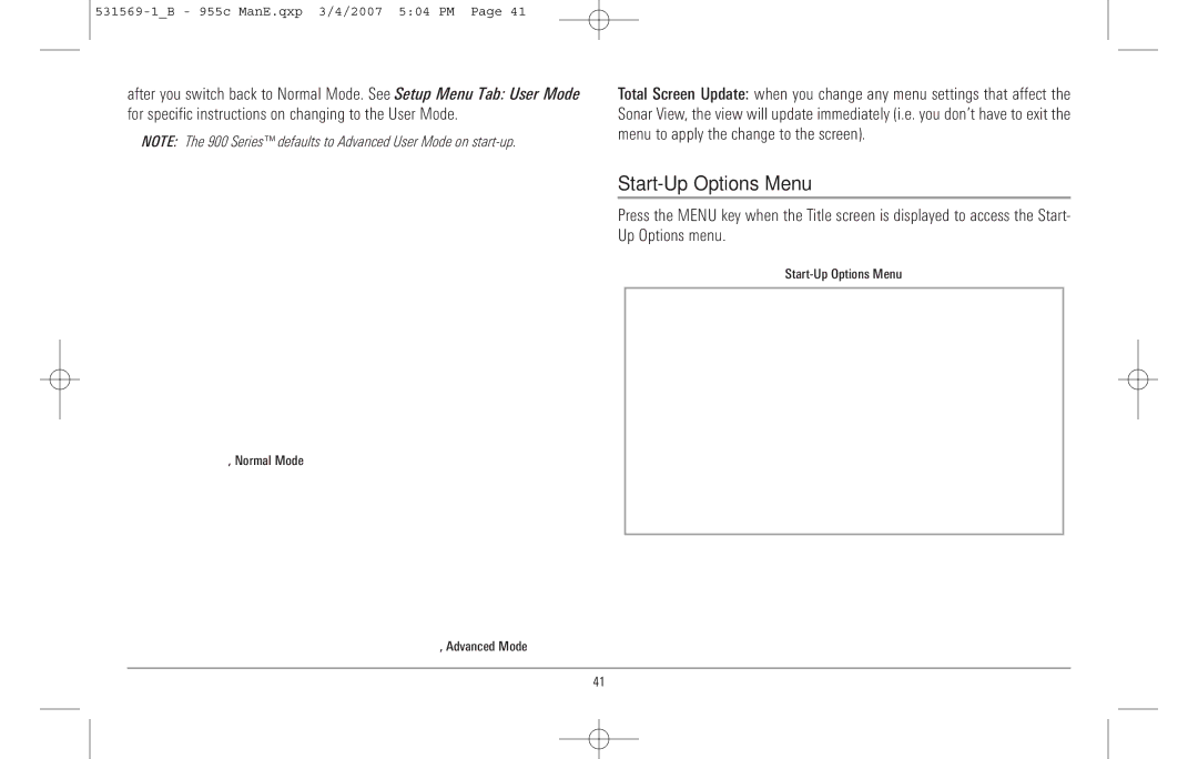 Humminbird 955C manual Start-Up Options Menu 