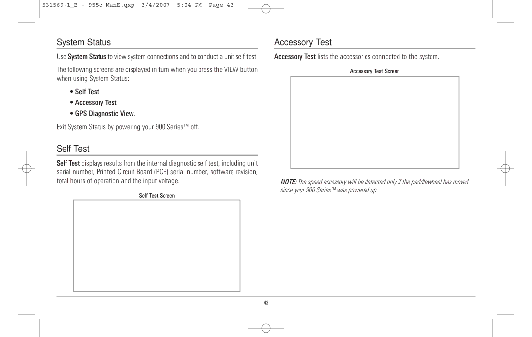 Humminbird 955C manual System Status, Self Test, Accessory Test 