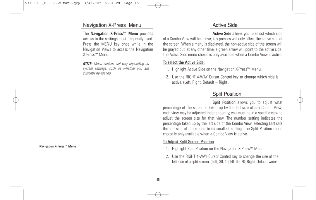 Humminbird 955C manual Navigation X-Press Menu, Active Side, Split Position 