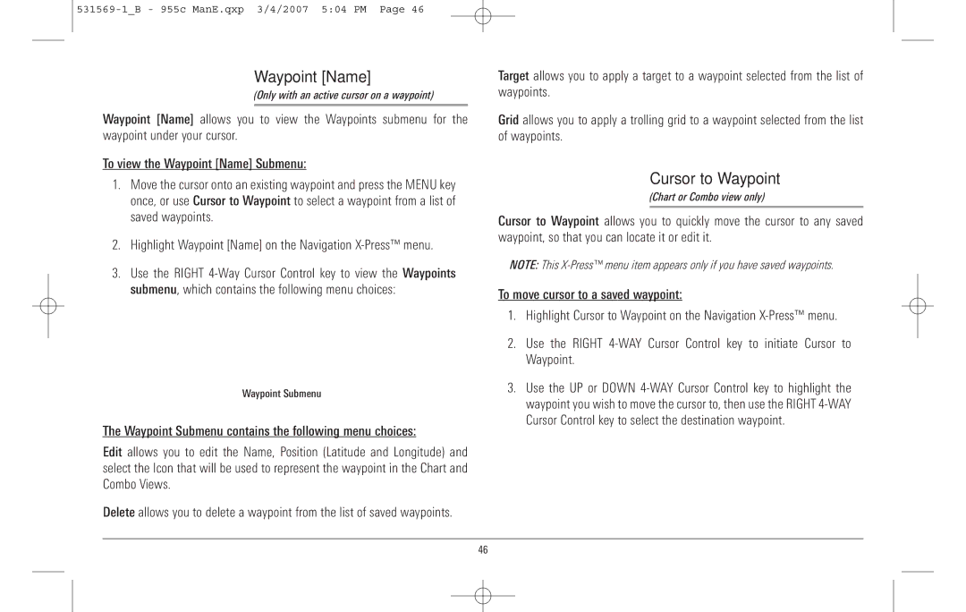 Humminbird 955C manual Waypoint Name, Cursor to Waypoint 