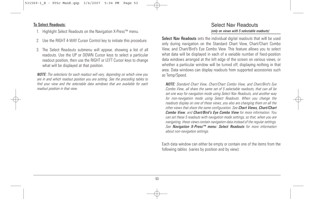 Humminbird 955C manual Select Nav Readouts, Only on views with 5 selectable readouts 