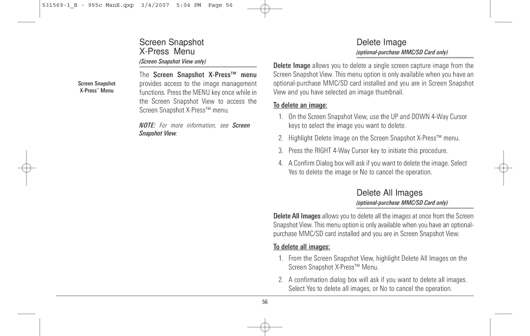 Humminbird 955C manual Screen Snapshot Press Menu, Delete Image, Delete All Images, To delete an image 